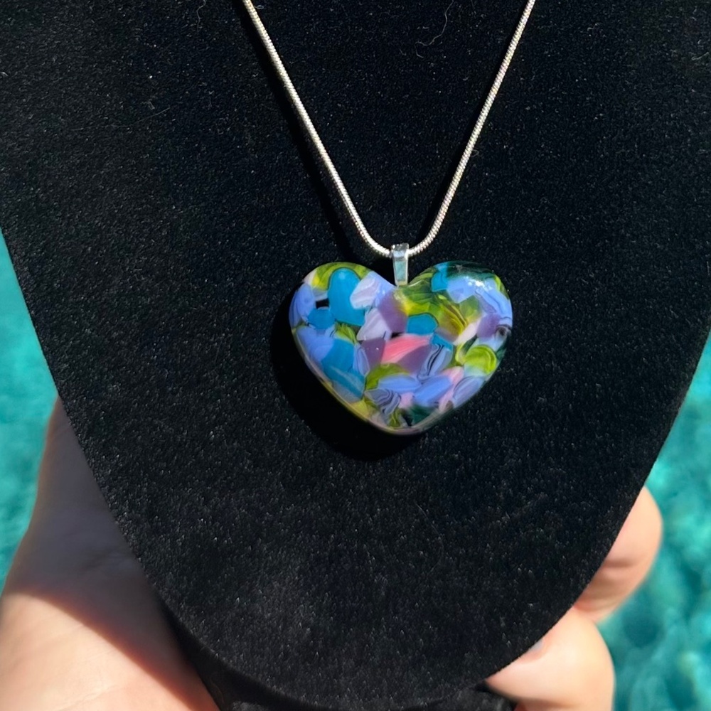 Multi-color glass heart pendant - with sterling silver chain - HANDMADE